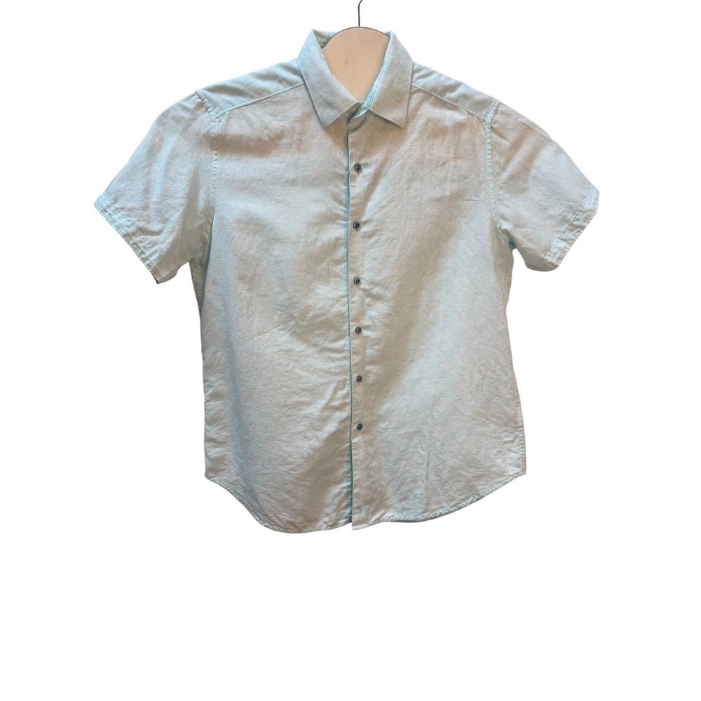Robert Graham Mens M Light Blue Linen Cotton Floral Jacquard S/S Button Down‎